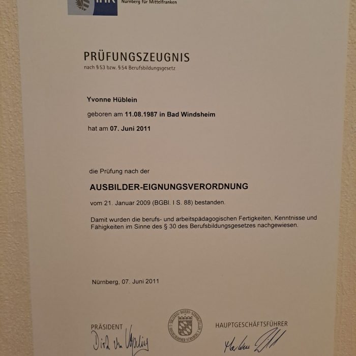 Ada Bescheinigung Frau Hüblein erworben am 07.06.2011
